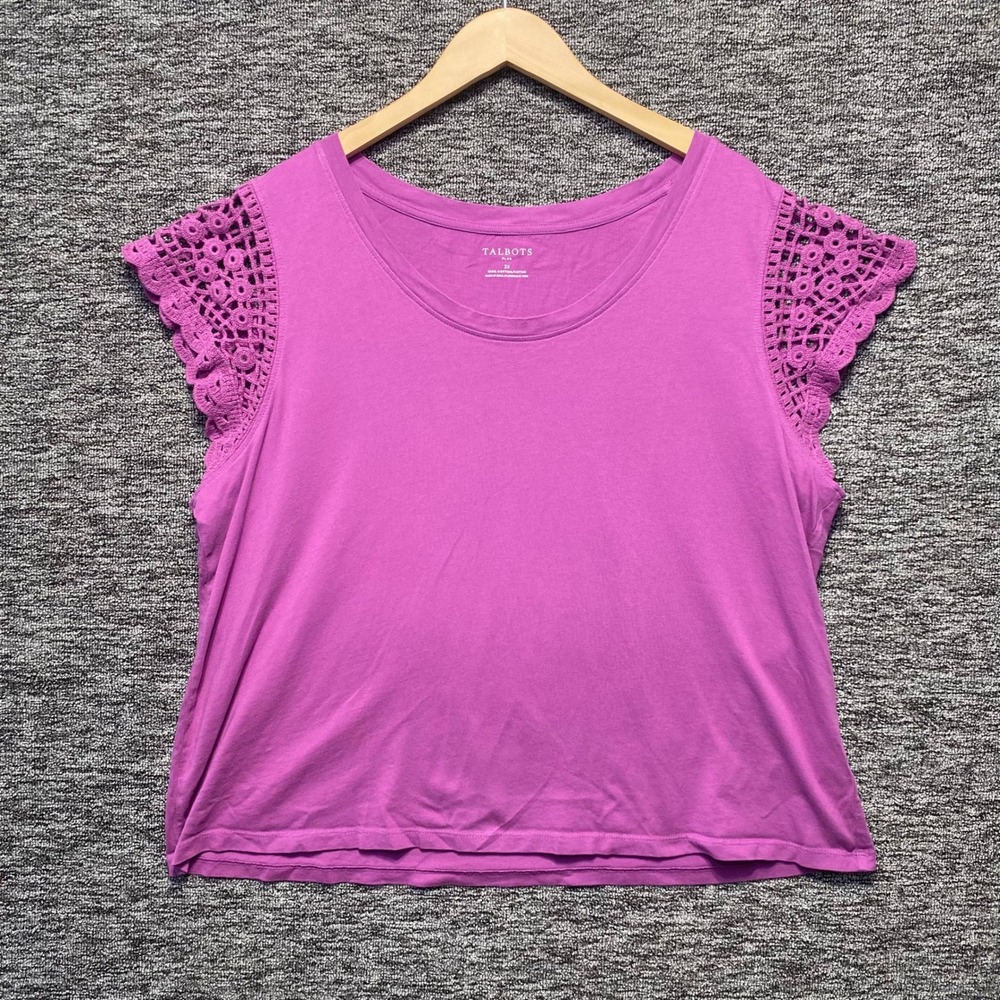 Talbots Crochet Sleeve Top Women 2X Purple 100% Cotton Knit Tee Casual